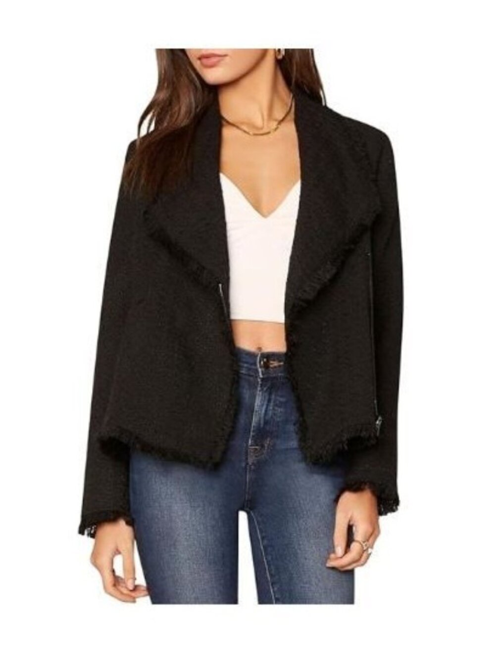 Ann Taylor LOFT Tweed Blazer Jacket Size 8 Black Open Front Frayed Hem Lined